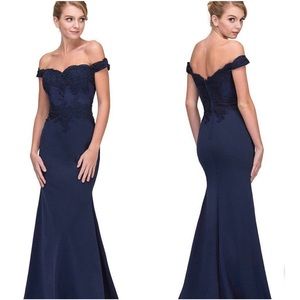 Evening Dress Classic Navy Blue Lace Off-The-Shoulder Mermaid Opera Gown